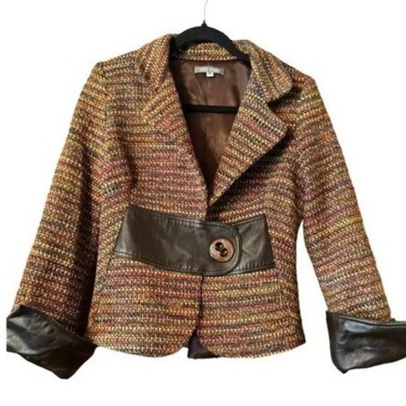 Louis Verdad Tweed Blazer Brown Leather Trim Career Business Chic Old Money M - Picture 2 of 10
